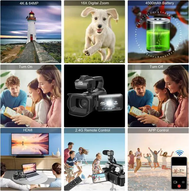 Alt view image 5 of 7 - 4k Video Camera Camcorder with 18X Digital Zoom,64MP Vlogging Camera for YouTube,4.0-inch Rotating Touchscreen,64GB SD Card,Microphone,Remote Control,Durable Battery(Black)