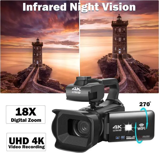 Alt view image 3 of 7 - 4k Video Camera Camcorder with 18X Digital Zoom,64MP Vlogging Camera for YouTube,4.0-inch Rotating Touchscreen,64GB SD Card,Microphone,Remote Control,Durable Battery(Black)