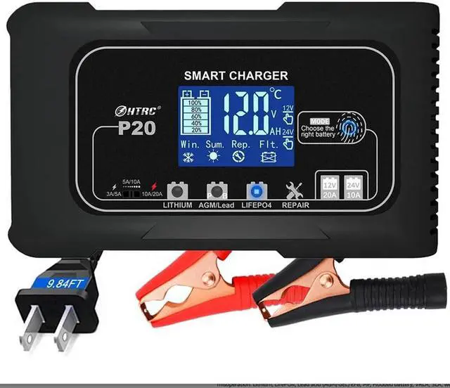 Main image of 20-Amp Smart Battery Charger,Lithium,LiFePO4,Lead-Acid(AGM/Gel/SLA..) Car Battery Charger,Trickle Charger, Maintainer/deep Cycle Charger,12V/20A and 24V/10A,for Boat,Motorcycle,Lawn Mower,Golf cart..