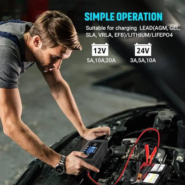 Alt view image 6 of 6 - 20-Amp Smart Battery Charger,Lithium,LiFePO4,Lead-Acid(AGM/Gel/SLA..) Car Battery Charger,Trickle Charger, Maintainer/deep Cycle Charger,12V/20A and 24V/10A,for Boat,Motorcycle,Lawn Mower,Golf cart..