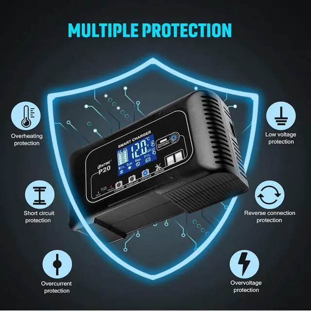 Alt view image 5 of 6 - 20-Amp Smart Battery Charger,Lithium,LiFePO4,Lead-Acid(AGM/Gel/SLA..) Car Battery Charger,Trickle Charger, Maintainer/deep Cycle Charger,12V/20A and 24V/10A,for Boat,Motorcycle,Lawn Mower,Golf cart..