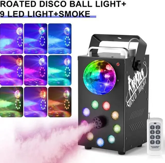 Alt view image 3 of 6 - Fog Machine, 700W Smoke Machine with 3500 CFM Fog, 9 LED Colorful Lights and Disco Ball Light with Auto & Strobe Effect, Halloween Fog Machine with Remote Control for Stage Party DJ Concert Wedding