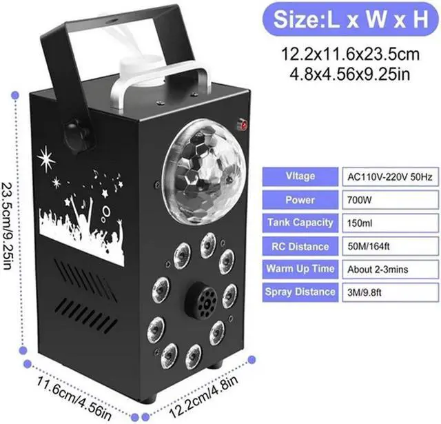 Alt view image 5 of 6 - Fog Machine, 700W Smoke Machine with 3500 CFM Fog, 9 LED Colorful Lights and Disco Ball Light with Auto & Strobe Effect, Halloween Fog Machine with Remote Control for Stage Party DJ Concert Wedding