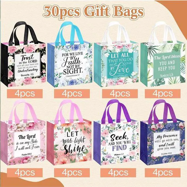 Alt view image 3 of 7 - 32 Pcs Bible Verse Flower Gift Bag with Handles Religious Reusable Gift Bags Bulk Christian Baptism Tote Bags Non Woven Gift Bags for Women Wedding Birthday Gift Wrapping Bags