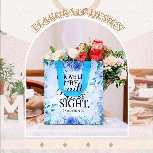 Alt view image 4 of 7 - 32 Pcs Bible Verse Flower Gift Bag with Handles Religious Reusable Gift Bags Bulk Christian Baptism Tote Bags Non Woven Gift Bags for Women Wedding Birthday Gift Wrapping Bags