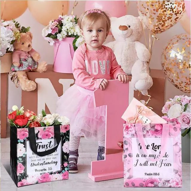 Alt view image 6 of 7 - 32 Pcs Bible Verse Flower Gift Bag with Handles Religious Reusable Gift Bags Bulk Christian Baptism Tote Bags Non Woven Gift Bags for Women Wedding Birthday Gift Wrapping Bags