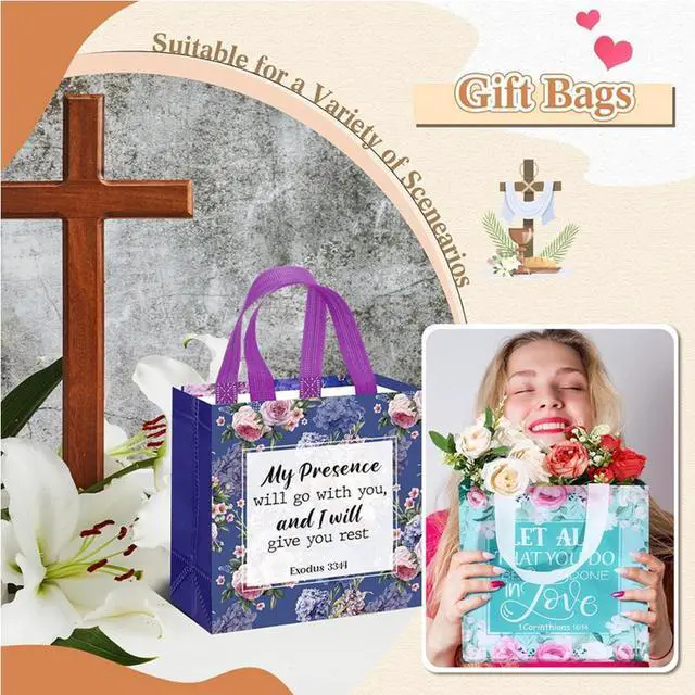 Alt view image 5 of 7 - 32 Pcs Bible Verse Flower Gift Bag with Handles Religious Reusable Gift Bags Bulk Christian Baptism Tote Bags Non Woven Gift Bags for Women Wedding Birthday Gift Wrapping Bags