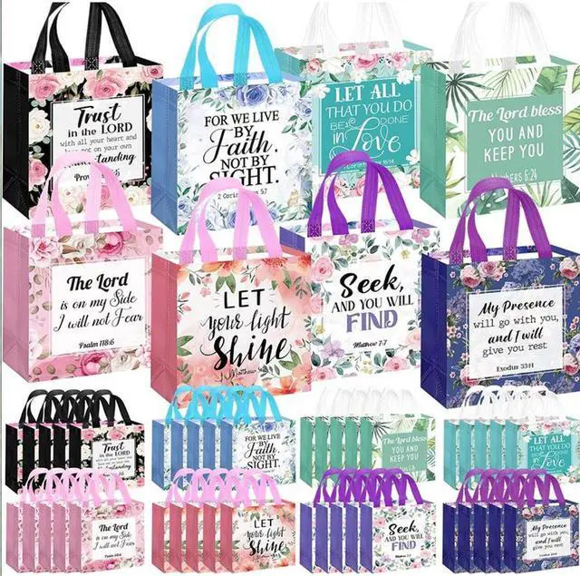 Main image of 32 Pcs Bible Verse Flower Gift Bag with Handles Religious Reusable Gift Bags Bulk Christian Baptism Tote Bags Non Woven Gift Bags for Women Wedding Birthday Gift Wrapping Bags