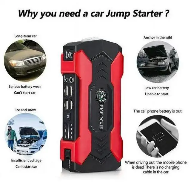 Alt view image 5 of 7 - 99800mah Car Jump Starter, Peak Car Battery Charger, 12V Jump Box Jumper Battery Pack, Portable Charger, Emergency LED Light, Escape Safty Hammer, Compass