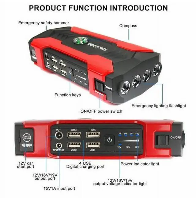 Alt view image 7 of 7 - 99800mah Car Jump Starter, Peak Car Battery Charger, 12V Jump Box Jumper Battery Pack, Portable Charger, Emergency LED Light, Escape Safty Hammer, Compass