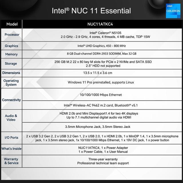Intel NUC 11, Atlas Canyon NUC11ATKC4 Win11 Pro Mini PC, Intel Celeron –  ATOPNUC