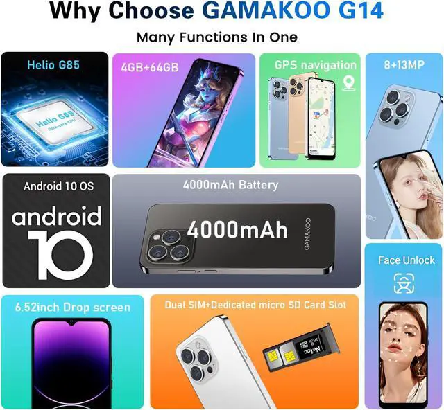 Alt view image 3 of 7 - GAMAKOO G14 Unlocked Cell Phones Dual SIM 64GB+4GB | 6.52" HD+ Display | Octa-Core | Android 10.0 | 4000mAh Long Battery | 4G Android Cheap Smartphone| Blue