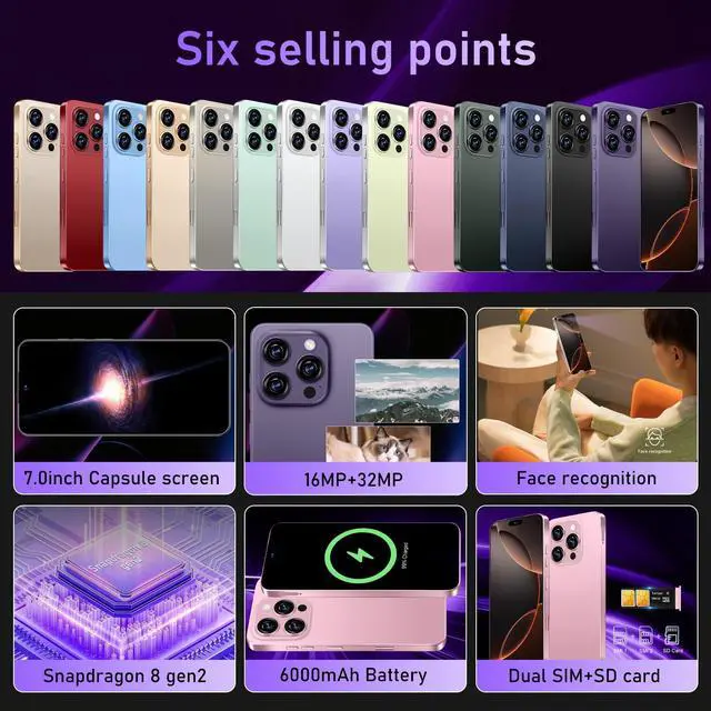 Alt view image 2 of 7 - GAMAKOO G16 PRO MAX 5G Smartphone Dual Sim 8GB+256GB | 7 inch Screen | Android 15 | 6000 mAh Battery | 16 MP+32 MP | Cheap Unlocked Cell Phone Dark Purple