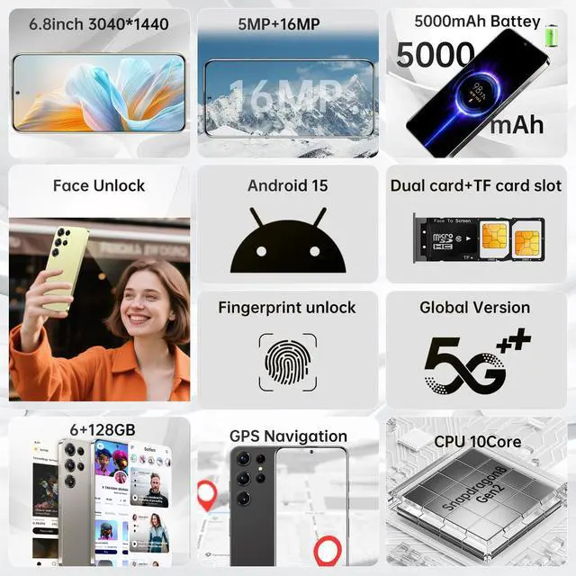 Alt view image 2 of 7 - GAMAKOO G25 Ultra 5G Smartphone Dual Sim 6GB+128GB | 6.8 inch Screen | Android 15 | 5000 mAh Battery | 5MP+16MP | Cheap Unlocked Cell Phone Gold
