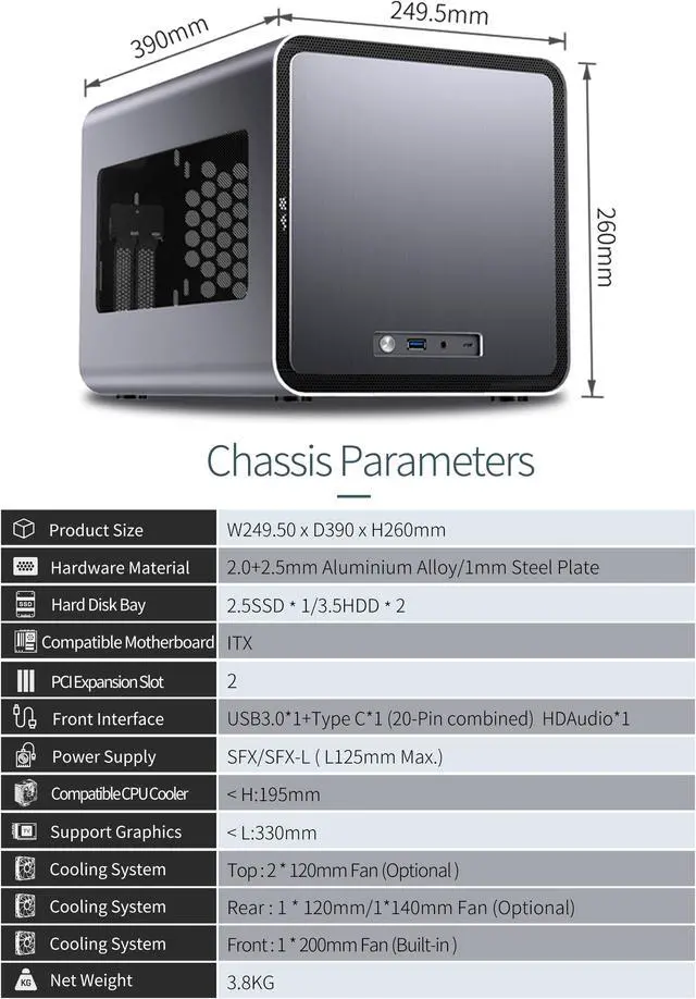 Alt view image 8 of 7 - JONSBO V8 Compact Mini Aluminum ITX Case, Support 240 Liquid Cooler/330mm Graphics Card/2x3.5”HDD&1X2.5”SSD/ITX/DTX /SFX-L Power Supply, Pull-out Structure, 1x 20cm Fan/USB3.0, Type-C/ HD Auido, Gray