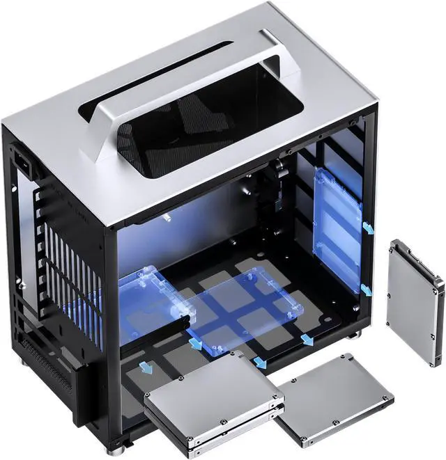 Alt view image 5 of 7 - JONSBO T8 PLUS SILVER Mini- ITX Tower Computer Case, Portable Mini ITX case  Aluminum/Steel/Tempered Glass- Sides, PSU ATX (Max.140mm), 4 Drive Bay, Built-in 1x140mm Fan Top, Silver PC Case