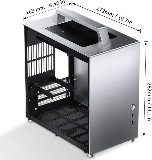Alt view image 6 of 7 - JONSBO T8 PLUS SILVER Mini- ITX Tower Computer Case, Portable Mini ITX case  Aluminum/Steel/Tempered Glass- Sides, PSU ATX (Max.140mm), 4 Drive Bay, Built-in 1x140mm Fan Top, Silver PC Case
