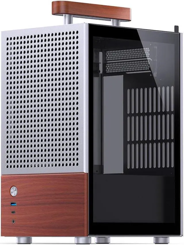 Alt view image 2 of 7 - JONSBO T6 Silver ITX PC Case, Mini Tower Aluminum Chassis, with Multifunctional Handle,  Solid Wood Veneer SFF PC Case , MB:DTX/ITX, PC Case, Silver