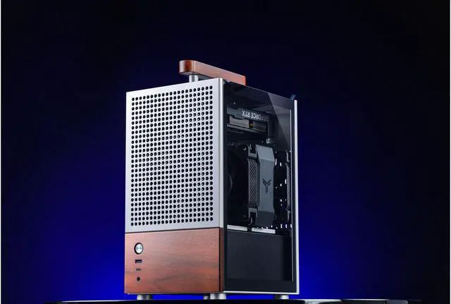Alt view image 7 of 7 - JONSBO T6 Silver ITX PC Case, Mini Tower Aluminum Chassis, with Multifunctional Handle,  Solid Wood Veneer SFF PC Case , MB:DTX/ITX, PC Case, Silver
