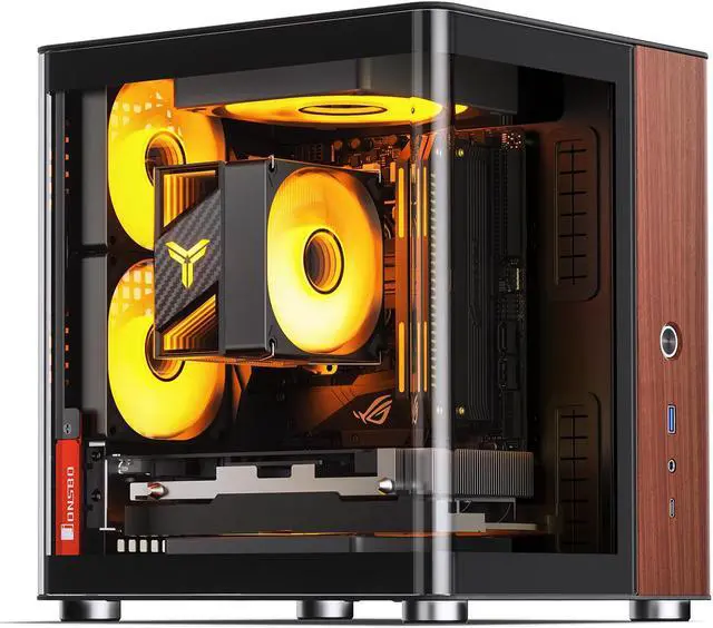 Alt view image 4 of 7 - JONSBO TK-0 Separated Cabinet ITX Case Mini Tower,270° Dual-Curved Glass, Al/Solid Walnut Wood, Compact Desktop Case SP GPU 230mm,Separate Air Intake for PSU, Multi Vents Cooling,4 Fan Position,Black