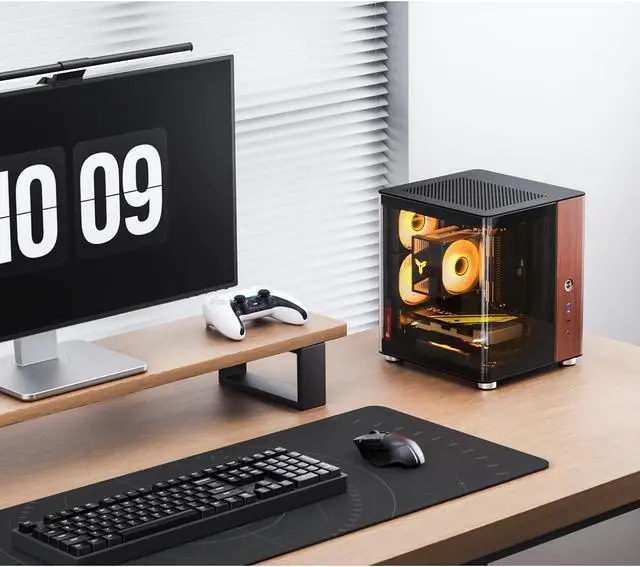 Alt view image 2 of 7 - JONSBO TK-0 Separated Cabinet ITX Case Mini Tower,270° Dual-Curved Glass, Al/Solid Walnut Wood, Compact Desktop Case SP GPU 230mm,Separate Air Intake for PSU, Multi Vents Cooling,4 Fan Position,Black