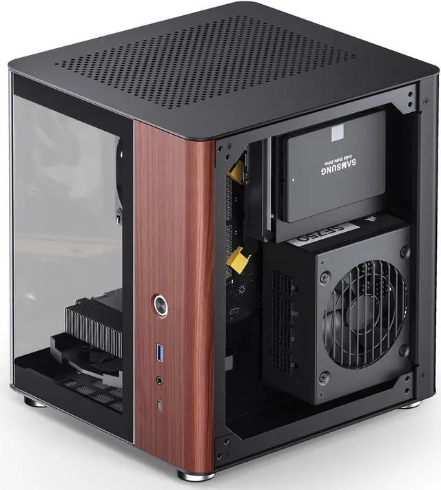 Alt view image 6 of 7 - JONSBO TK-0 Separated Cabinet ITX Case Mini Tower,270° Dual-Curved Glass, Al/Solid Walnut Wood, Compact Desktop Case SP GPU 230mm,Separate Air Intake for PSU, Multi Vents Cooling,4 Fan Position,Black