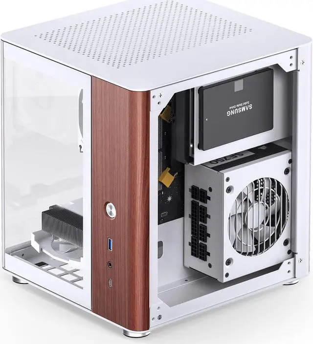 Alt view image 5 of 7 - JONSBO TK-0 Separated Cabinet ITX Case Mini Tower,270° Dual-Curved Glass, Al/Solid Walnut Wood, Compact Desktop Case SP GPU 230mm,Separate Air Intake for PSU, Multi Vents Cooling,4 Fan Position,White