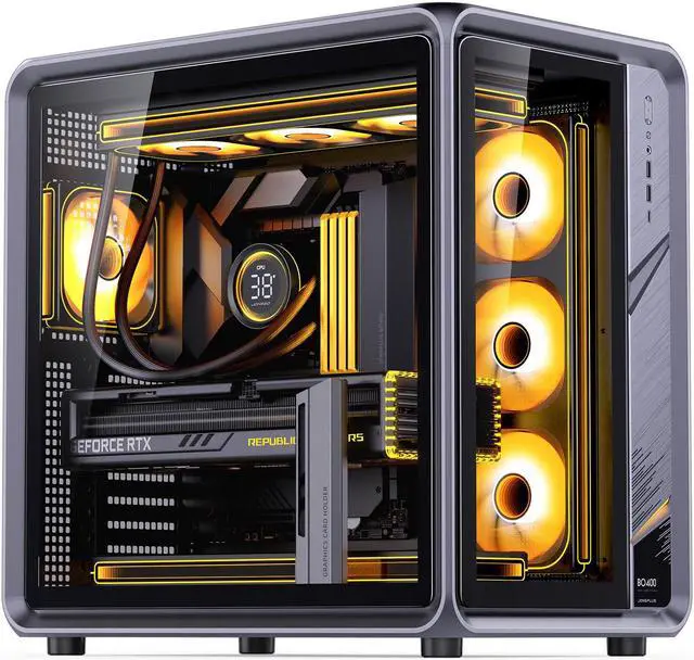 Main image of New JONSBO BO400 ATX Computer Case, Aluminum Frame, SP Back-Connect MB,High Comp PC Case,SP GPU 435mm/PSU 200mm/AIO360x3,3 Sided View,Top Front Interchangeable Glass/Mesh Desktop Display Chassis, Gray