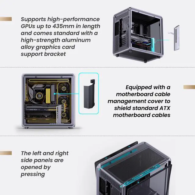 Alt view image 5 of 7 - New JONSBO BO400 ATX Computer Case, Aluminum Frame, SP Back-Connect MB,High Comp PC Case,SP GPU 435mm/PSU 200mm/AIO360x3,3 Sided View,Top Front Interchangeable Glass/Mesh Desktop Display Chassis, Gray