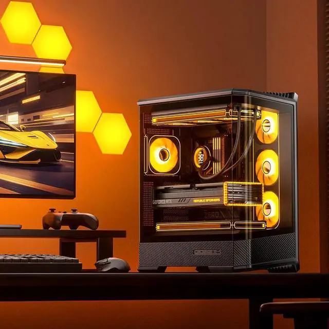 Alt view image 7 of 7 - JONSBO D400 BLACK ATX PC Case, Supports ATX / M-ATX / ITX MB, Golden-Ratio 3D Shape Design, Integrated Cured Tempered Glass, Desktop Case,SP Back-connect MB/Vertical GPU/AIO360,Multi Fan Bays, Black