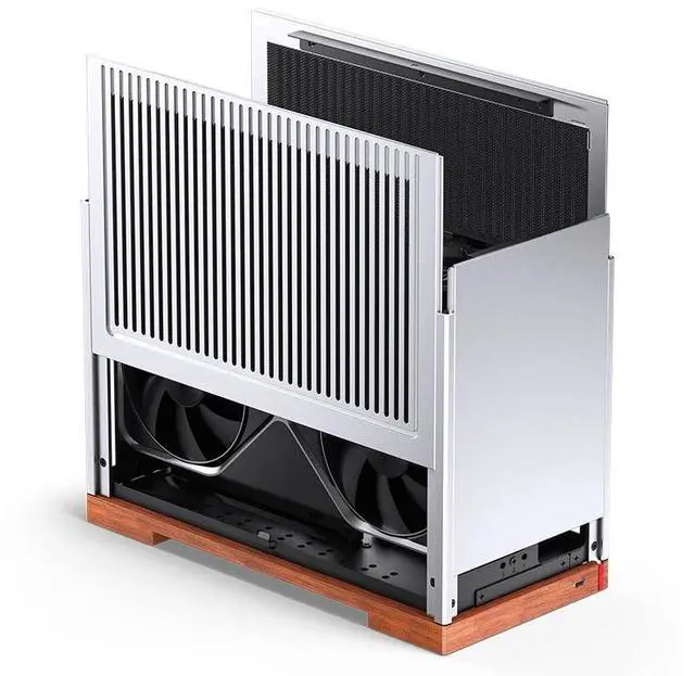 Alt view image 6 of 7 - JONSBO T9 Mini ITX PC Case,SFF Tool-free Mesh Desktop Case,A4 Compartment Structure,Black Walnut Solid Wood Base,3 levels Adjustable for MB,4mm AL,SP SFX100mm/GPU202mm-310mm, With a PCI-E Cable,Silver