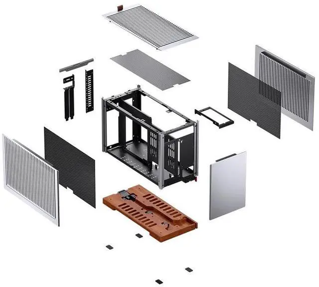 Alt view image 5 of 7 - JONSBO T9 Mini ITX PC Case,SFF Tool-free Mesh Desktop Case,A4 Compartment Structure,Black Walnut Solid Wood Base,3 levels Adjustable for MB,4mm AL,SP SFX100mm/GPU202mm-310mm, With a PCI-E Cable,Silver
