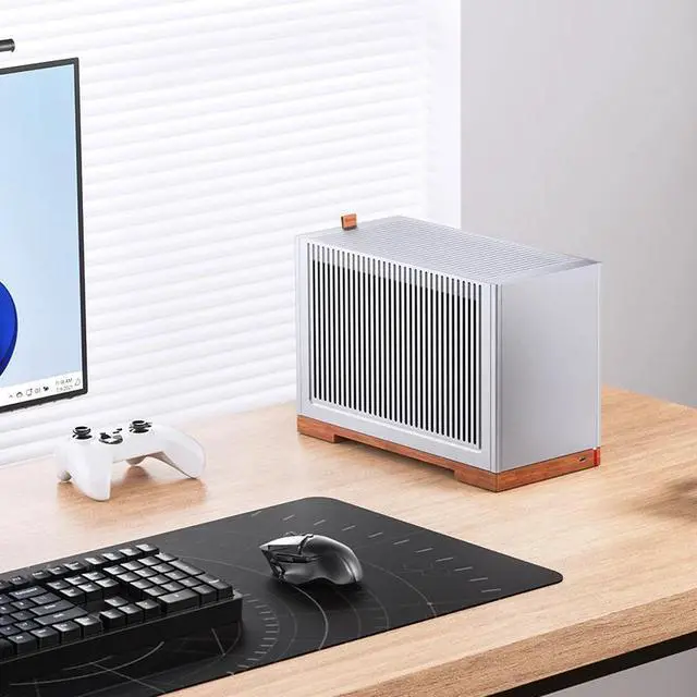 Alt view image 7 of 7 - JONSBO T9 Mini ITX PC Case,SFF Tool-free Mesh Desktop Case,A4 Compartment Structure,Black Walnut Solid Wood Base,3 levels Adjustable for MB,4mm AL,SP SFX100mm/GPU202mm-310mm, With a PCI-E Cable,Silver