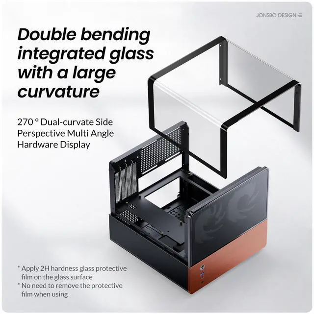 Alt view image 2 of 7 - JONSBO V12 BLACK Micro ATX Mid Tower PC Case, Hyperboloid Glass Desktop Design, Separated Cabinet Structure,Walnut Wood,MATX Desktop Computer Chassis, GPU<260mm,ATX PSU,Front 120mm*2(Built-in) Black