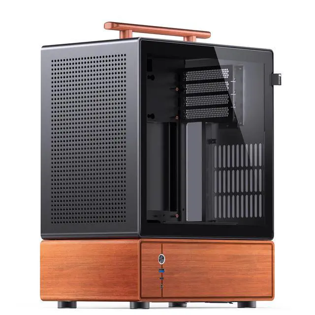 Main image of JONSBO T7 Black Micro ATX PC Case, Aluminum Chassis, with Multifunctional Handle, Solid Wood Veneer Desktop Computer Case, MB:MicroATX/ITX,GPU 280mm,PSU ATX 220mm,Place on The Left Black