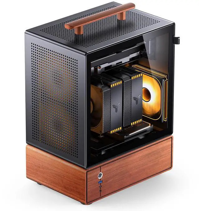 Alt view image 2 of 7 - JONSBO T7 Black Micro ATX PC Case, Aluminum Chassis, with Multifunctional Handle, Solid Wood Veneer Desktop Computer Case, MB:MicroATX/ITX,GPU 280mm,PSU ATX 220mm,Place on The Left Black