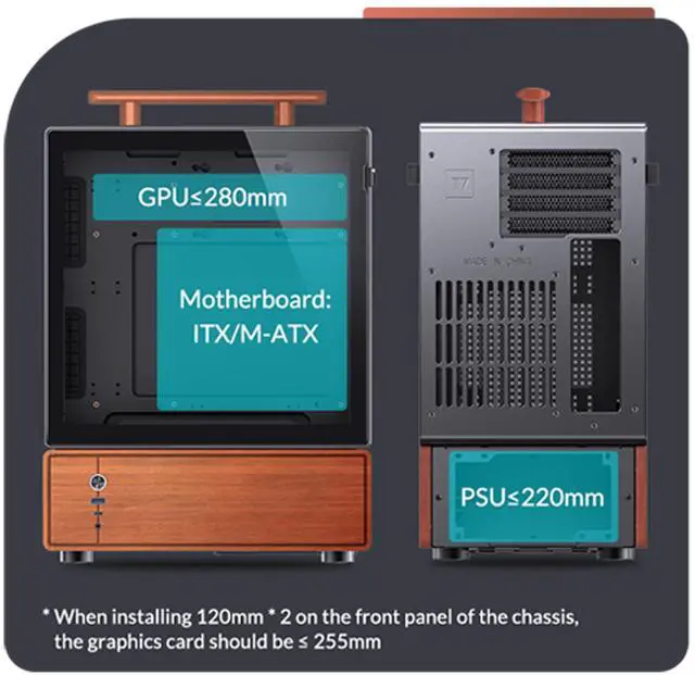 Alt view image 5 of 7 - JONSBO T7 Black Micro ATX PC Case, Aluminum Chassis, with Multifunctional Handle, Solid Wood Veneer Desktop Computer Case, MB:MicroATX/ITX,GPU 280mm,PSU ATX 220mm,Place on The Left Black