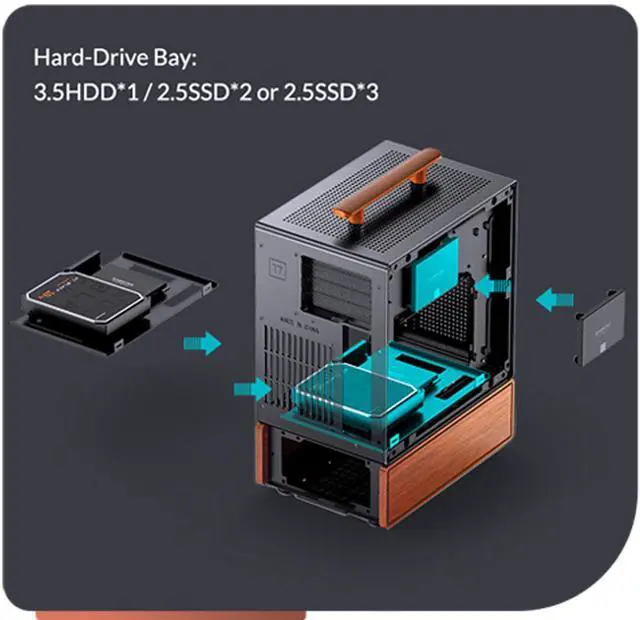 Alt view image 6 of 7 - JONSBO T7 Black Micro ATX PC Case, Aluminum Chassis, with Multifunctional Handle, Solid Wood Veneer Desktop Computer Case, MB:MicroATX/ITX,GPU 280mm,PSU ATX 220mm,Place on The Left Black