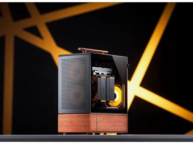 Alt view image 7 of 7 - JONSBO T7 Black Micro ATX PC Case, Aluminum Chassis, with Multifunctional Handle, Solid Wood Veneer Desktop Computer Case, MB:MicroATX/ITX,GPU 280mm,PSU ATX 220mm,Place on The Left Black