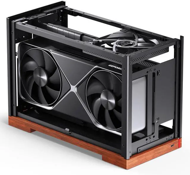 Alt view image 2 of 7 - JONSBO T9 Mini ITX PC Case,SFF Tool-free Mesh Desktop Case,A4 Compartment Structure,Black Walnut Solid Wood Base,3 levels Adjustable for MB,4mm AL,SP SFX100mm/GPU202mm-310mm, With a PCI-E Cable,Black