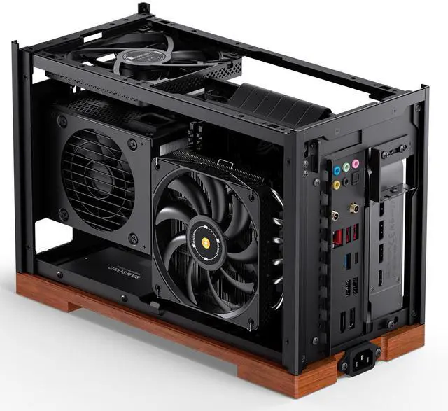 Alt view image 3 of 7 - JONSBO T9 Mini ITX PC Case,SFF Tool-free Mesh Desktop Case,A4 Compartment Structure,Black Walnut Solid Wood Base,3 levels Adjustable for MB,4mm AL,SP SFX100mm/GPU202mm-310mm, With a PCI-E Cable,Black
