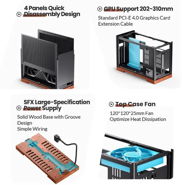 Alt view image 4 of 7 - JONSBO T9 Mini ITX PC Case,SFF Tool-free Mesh Desktop Case,A4 Compartment Structure,Black Walnut Solid Wood Base,3 levels Adjustable for MB,4mm AL,SP SFX100mm/GPU202mm-310mm, With a PCI-E Cable,Black