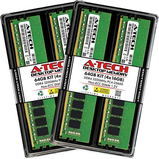 Main image of A-Tech 64GB 4x 16GB PC4-25600 Desktop DIMM DDR4 3200 MHz Non-ECC Memory RAM 64G