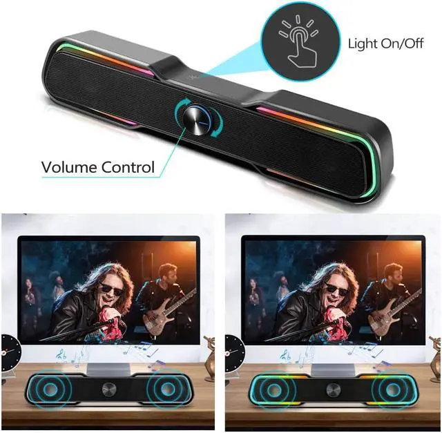 Alt view image 2 of 7 - Computer Speakers, PC RGB Gaming Speakers USB Powered Wired Computer Soundbar with Enhanced Stereo Bass LED Light,Dual-Channel Desktop Speakers for PC Laptop Tablet Smartphones (Black)