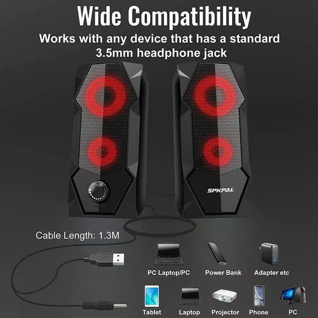 Alt view image 4 of 7 - Computer Speakers  RGB Gaming Speaker PC 2.0 Wired USB Powered Stereo Volume Control Dual Channel Multimedia AUX 3.5mm for Laptop Desktop Tablet Phone Monitors