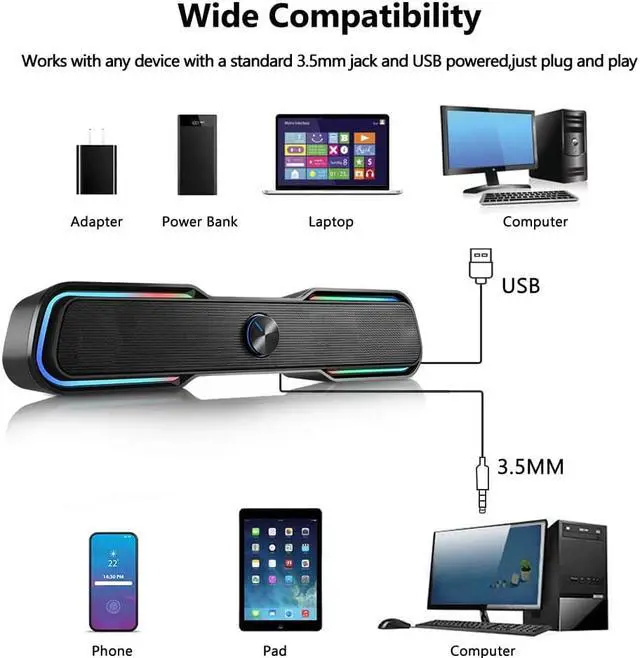 Alt view image 7 of 7 - Computer Speakers, PC RGB Gaming Speakers USB Powered Wired Computer Soundbar with Enhanced Stereo Bass LED Light,Dual-Channel Desktop Speakers for PC Laptop Tablet Smartphones (Black)
