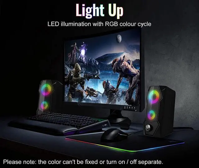 Alt view image 2 of 7 - Computer Speakers  RGB Gaming Speaker PC 2.0 Wired USB Powered Stereo Volume Control Dual Channel Multimedia AUX 3.5mm for Laptop Desktop Tablet Phone Monitors