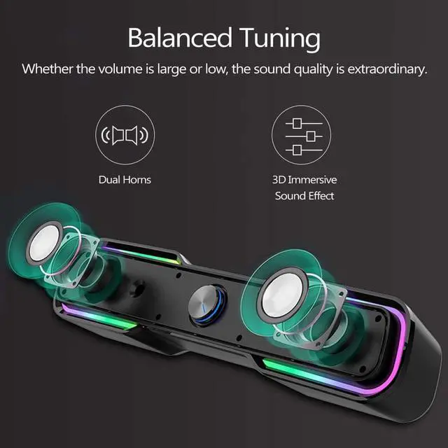 Alt view image 5 of 7 - Computer Speakers, PC RGB Gaming Speakers USB Powered Wired Computer Soundbar with Enhanced Stereo Bass LED Light,Dual-Channel Desktop Speakers for PC Laptop Tablet Smartphones (Black)