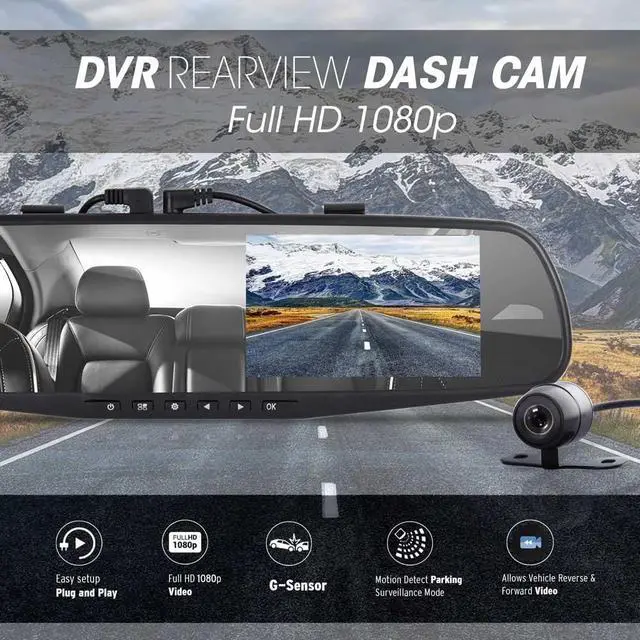 Alt view image 6 of 7 - Dash Cam Rearview Mirror - 4.3” DVR Monitor Rear View Dual Camera Video Recording System in Full HD 1080p w/ Built in G-Sensor Motion Detect Parking Control Loop Record Support