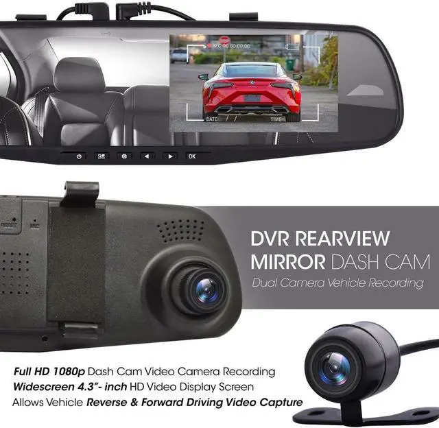 Alt view image 5 of 7 - Dash Cam Rearview Mirror - 4.3” DVR Monitor Rear View Dual Camera Video Recording System in Full HD 1080p w/ Built in G-Sensor Motion Detect Parking Control Loop Record Support